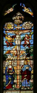 Raam met de Kruisiging met Zon, Maan, Sint Jan, Maagd Maria, Engelen en Kelkjes door French School